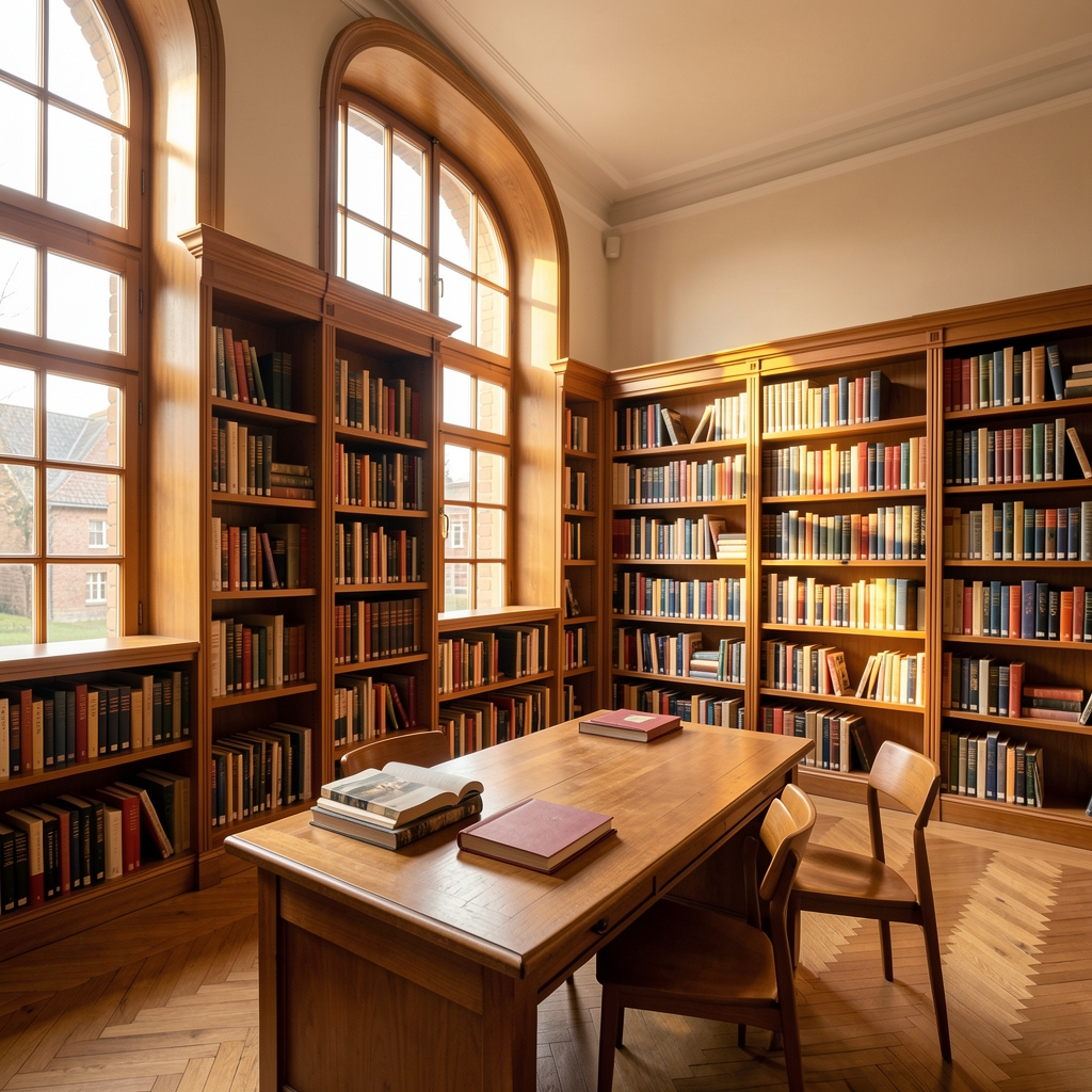 Prostrana svetla biblioteka sa drvenim policama punim knjiga, stolom za čitanje i toplim popodnevnim svetlom kroz visoke prozore