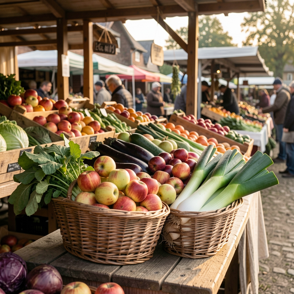 Korpa s jesenjim povrćem i voćem pored farmerskog tezge na pijaci — bundeva, jabuke, šargarepa i luk u jutarnjoj svetlosti