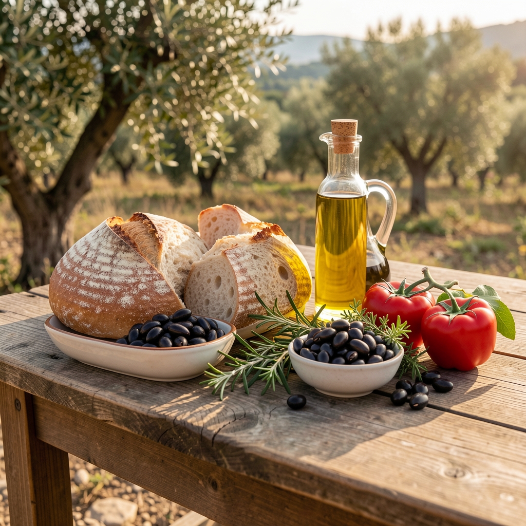 Mediteranski sto s hranom — masline, beli hleb, maslinovo ulje, paradajz i sveže začinsko bilje na rustičnom drvenom stolu na otvorenom