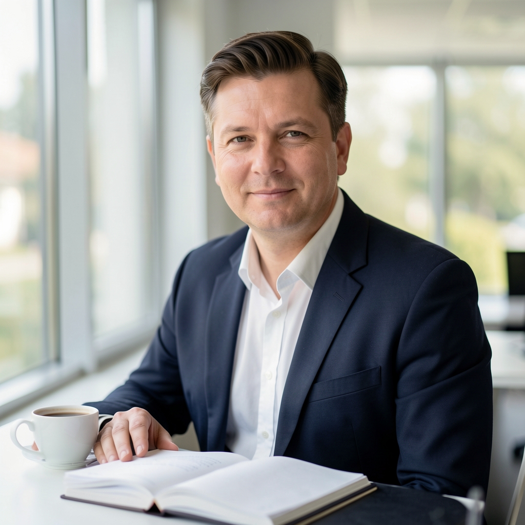 Kancelarija sa belim stolom, otvorenom bilježnicom i šoljom kafe pored prozora sa prirodnim svetlom