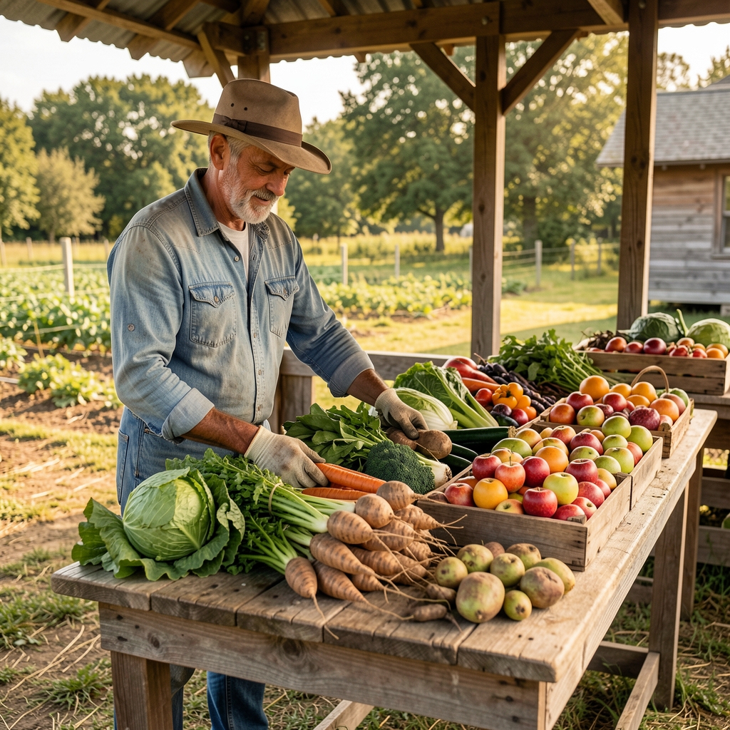 Farmer na pijaci poređuje sveže sezonske namirnice — zeleniš, korenje i voće složeni na drvenom pultu na otvorenom