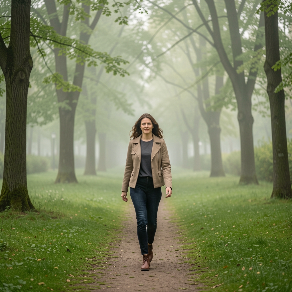 Žena u laganom jutarnjem hodanju kroz zeleni park sa drvećem u prolećnoj maglovitoj svetlosti