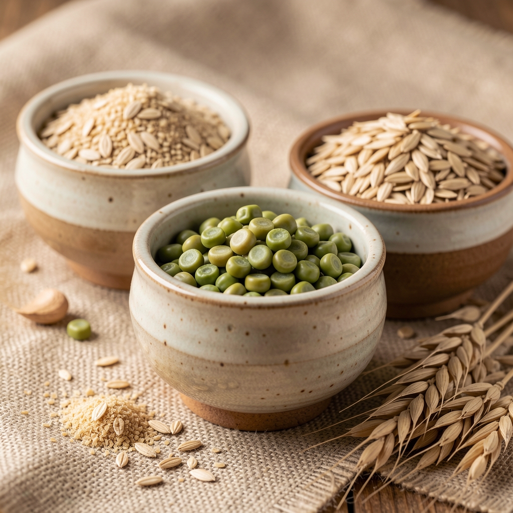 Bliska fotografija raznog zrnevlja i mahunarki u keramičkim posudama — leća, sočivo, pasulj, ječam na prirodnom tekstilnom podlozi